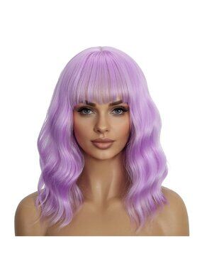 Women's Purple 14 Inch Heat Resistant Synthetic Short Wavy Bob Wigs Bangs